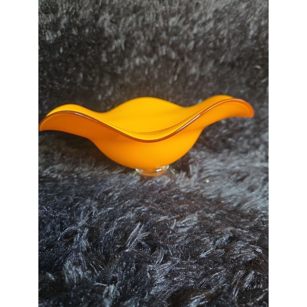 Vtg Teleflora Gift Vibrant Orange Glass Bowl with Ruffled Rim on Clear Pedestal - Picture 4 of 9